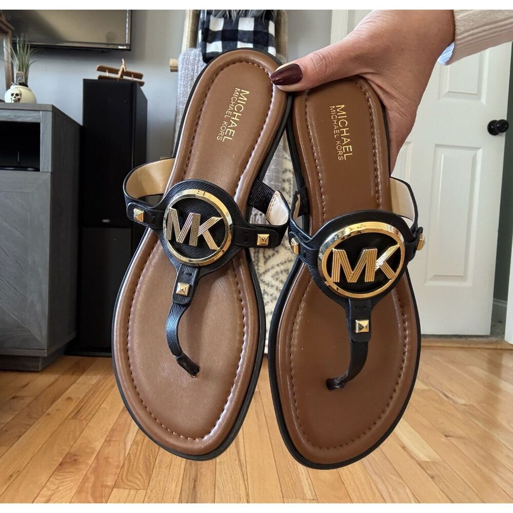 MICHAEL Michael Kors Black Gold MK Logo Thong Sandals Size 7.5